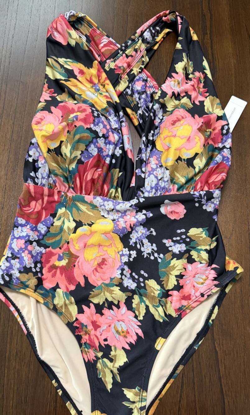 NEW Anthropologie Allihop Plunge One Piece Swimsuit Floral Size Medium M